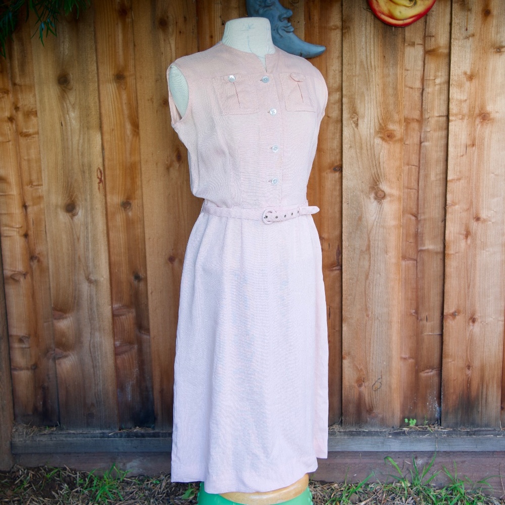 Vintage 60's Strelitz 100% Irish Linen Soft Pink Sleeveless Midi Belted Dress S